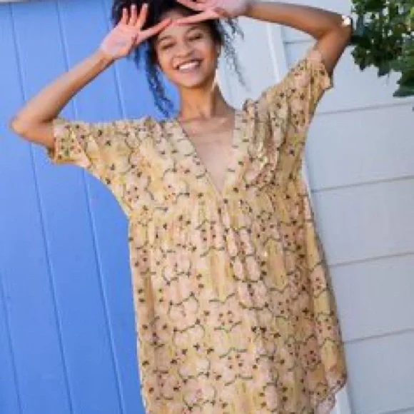 Natural Life Stella Mini Dress with a gold leaf floral print Size L/XL - Picture 3 of 11